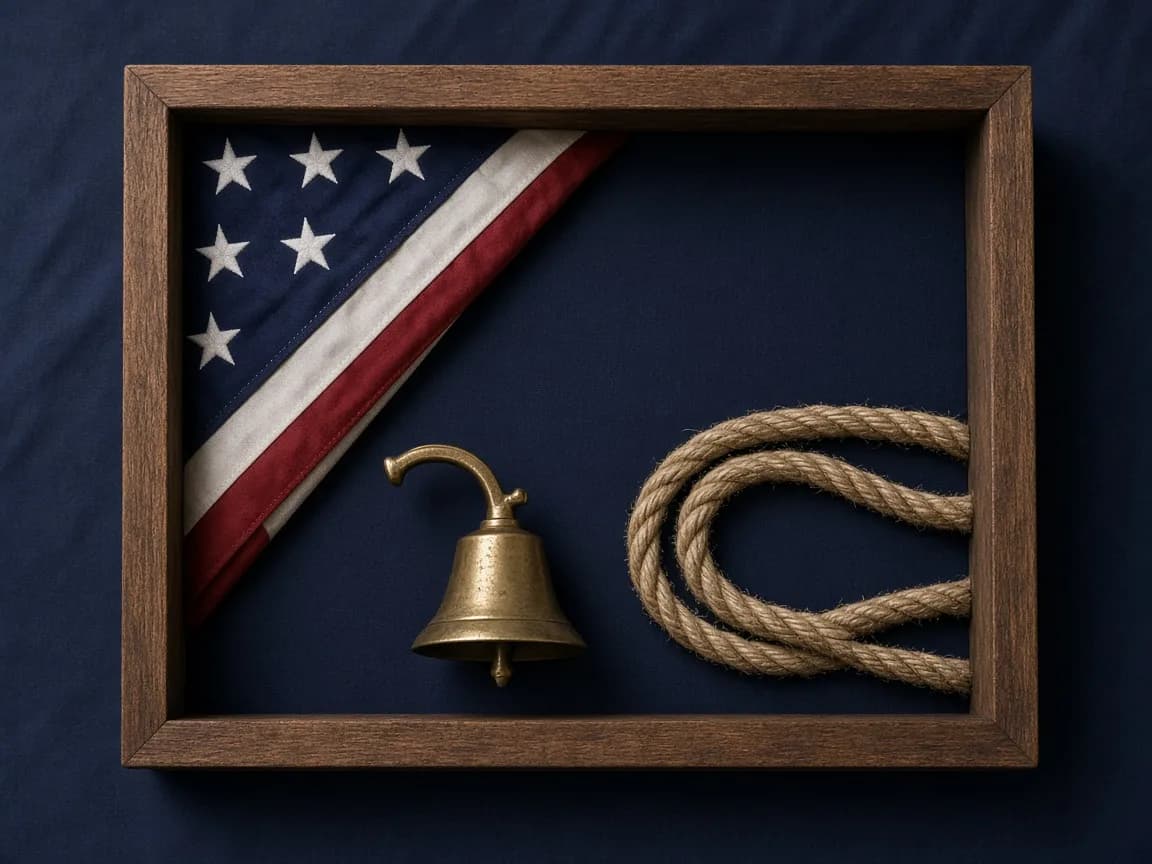 Shadow-box style presentation with a flag, bell, and rope